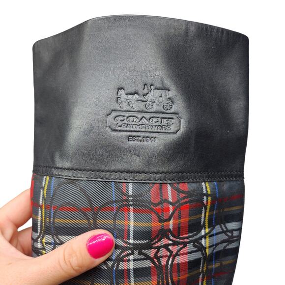 Coach Boots Womens 8.5 Black Red Plaid Tartan Leather Knee High Heeled Knee High - Picture 6 of 12